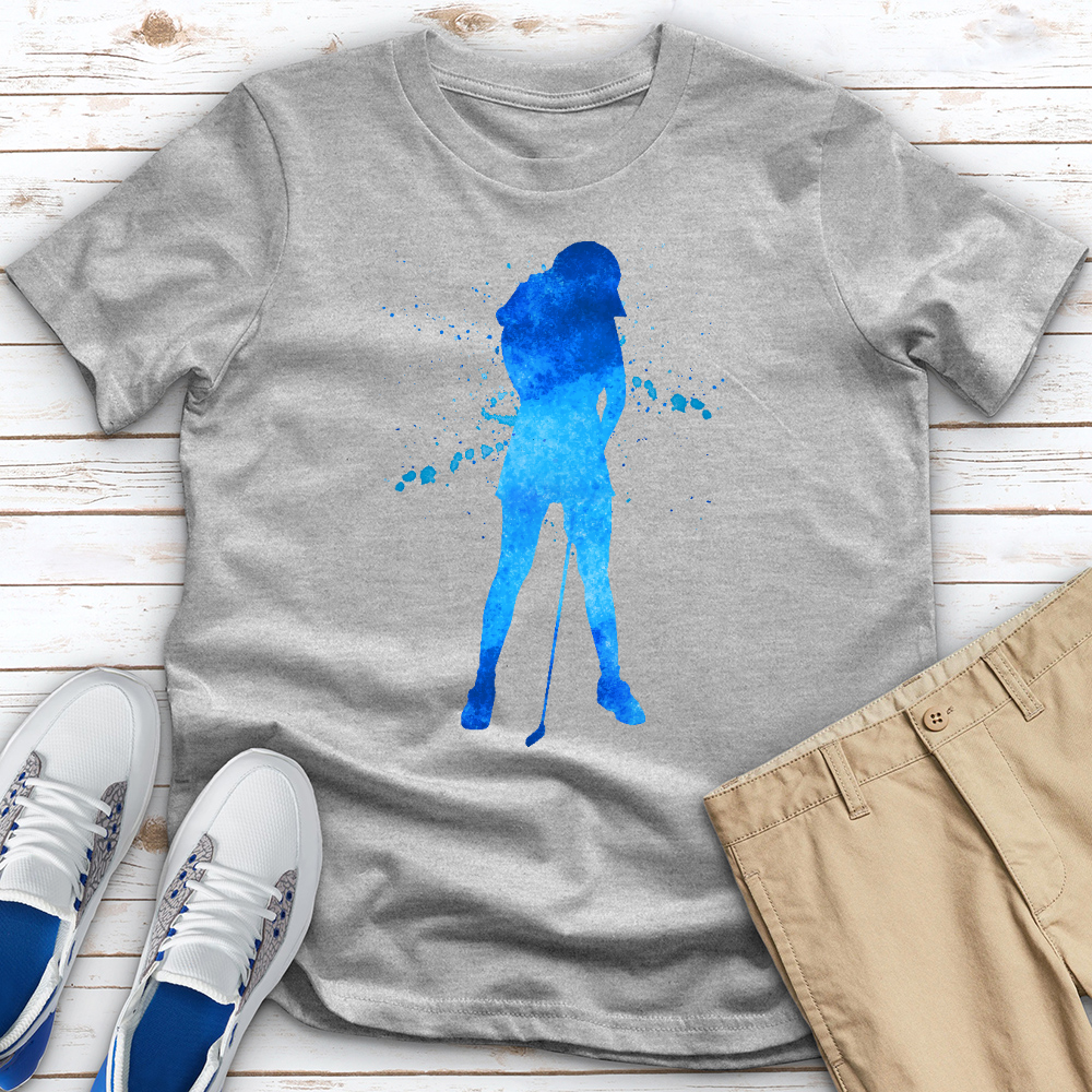 Blue Watercolor Splash Female Golfer Tee