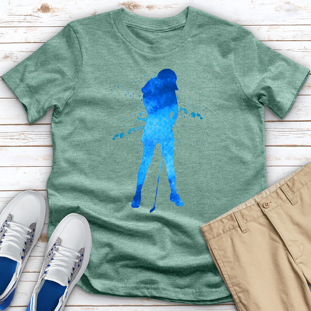 Blue Watercolor Splash Female Golfer Tee