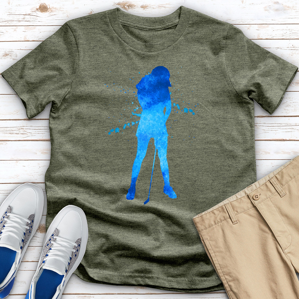 Blue Watercolor Splash Female Golfer Tee