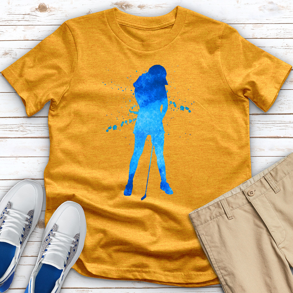 Blue Watercolor Splash Female Golfer Tee