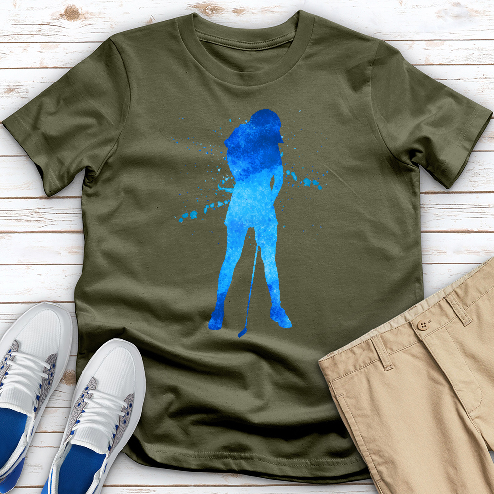 Blue Watercolor Splash Female Golfer Tee