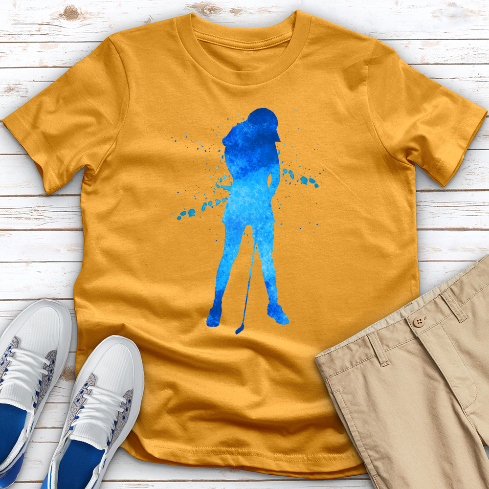 Blue Watercolor Splash Female Golfer Tee