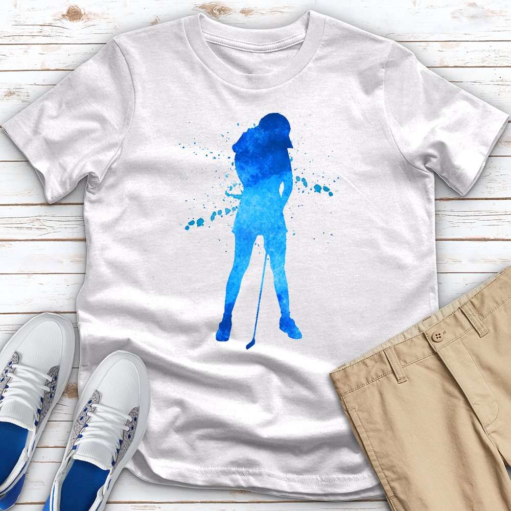 Blue Watercolor Splash Female Golfer Tee