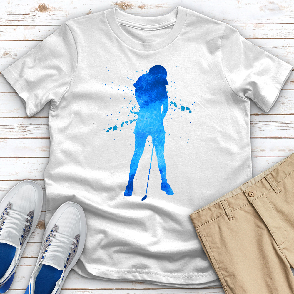 Blue Watercolor Splash Female Golfer Tee